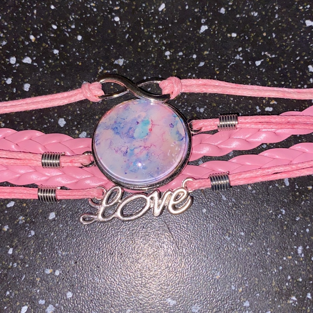 Pink Faux Leather Bracelet with Hand Painted Alcohol Ink Art Under Domed Glass